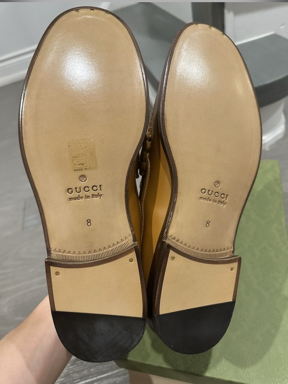 Gucci Cream and Tan Leather Webbed Penny Loafers with Gold GG - Picture 2 of 5